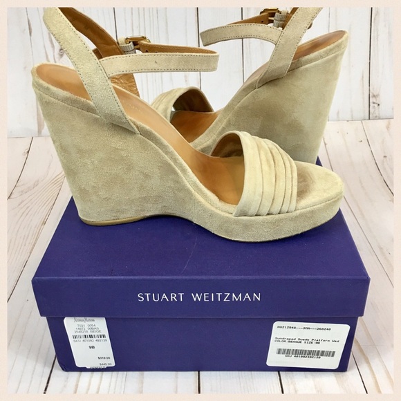 Stuart Weitzman Beige Suede Wedge Sandals Size 9B - Picture 5 of 8